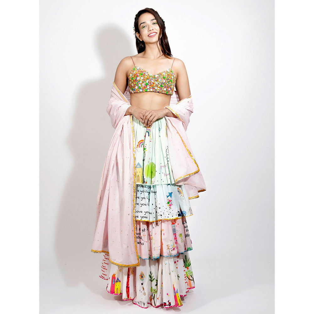 Blushing Couture by Shafali Europe Print Embroidered Lehenga (Set of 3)