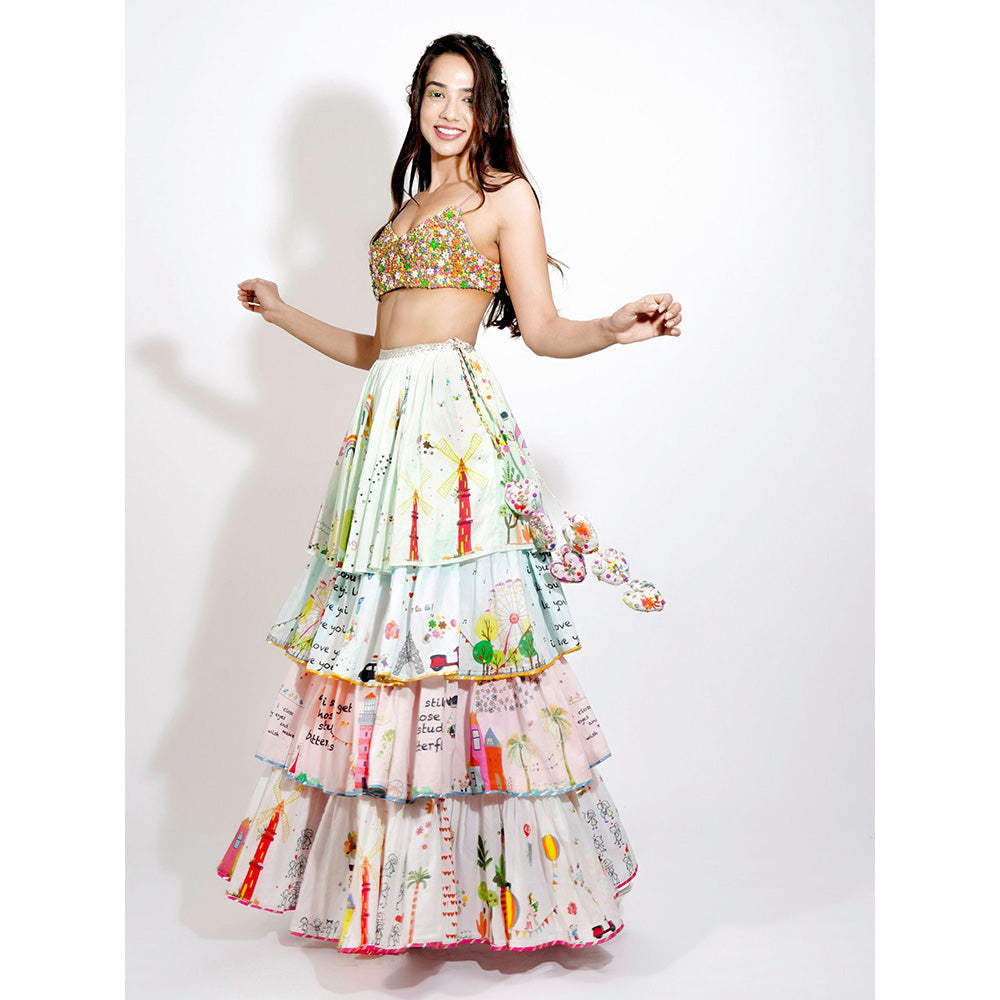 Blushing Couture by Shafali Europe Print Embroidered Lehenga (Set of 3)