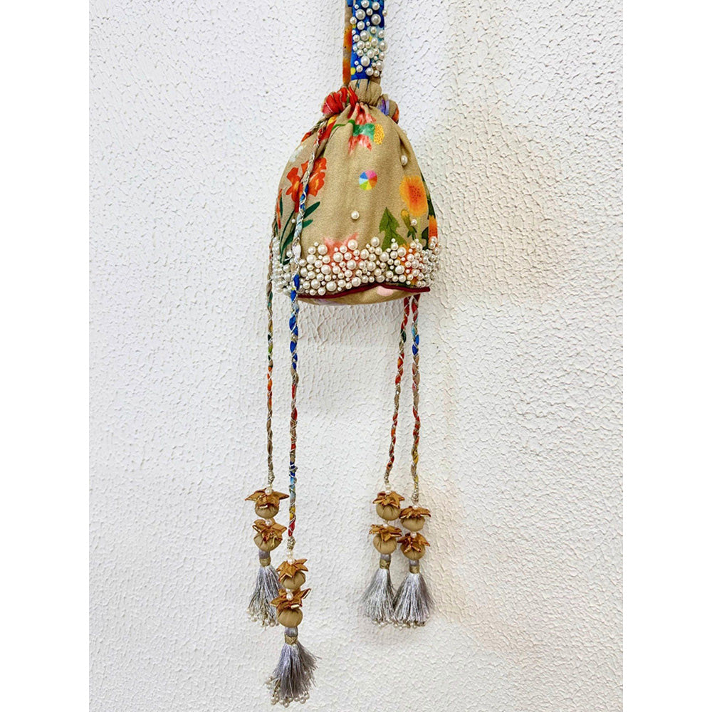 Blushing Couture by Shafali Beige Printed Potli Bag