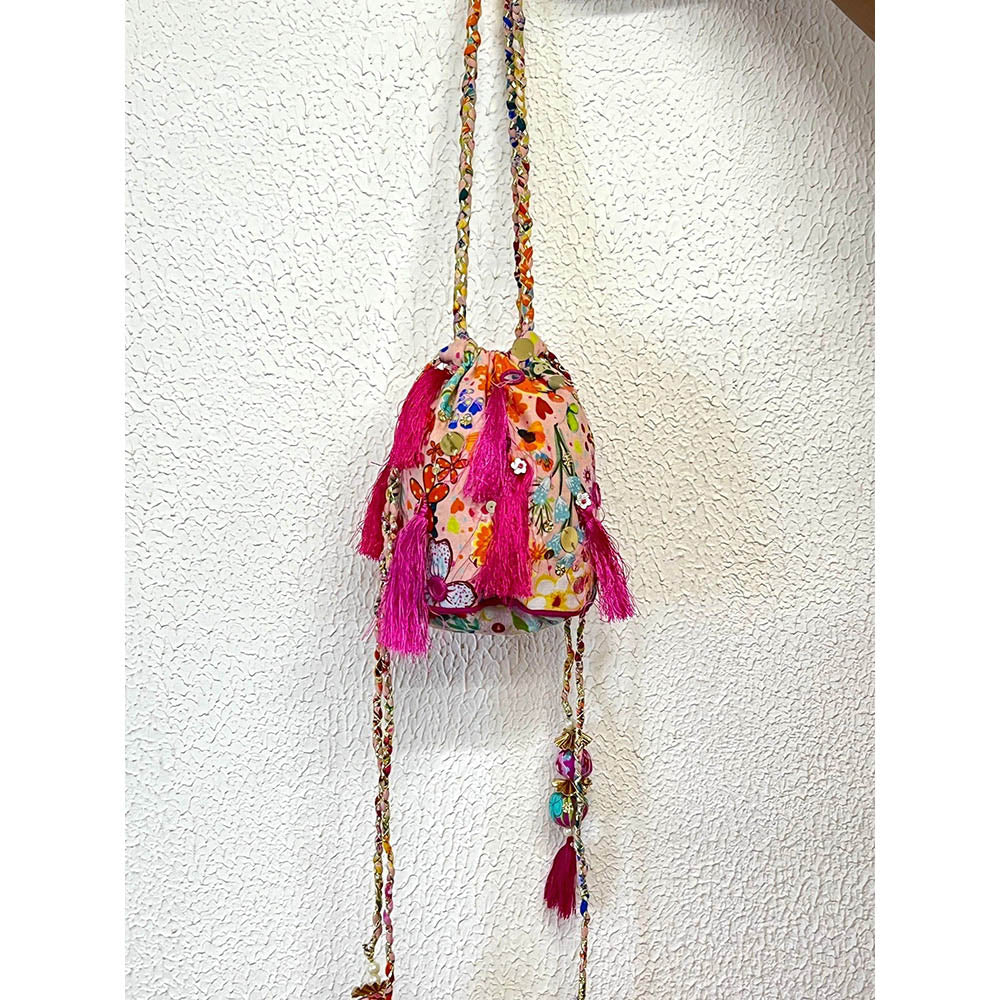 Blushing Couture by Shafali Pink Fringes Potli Bag