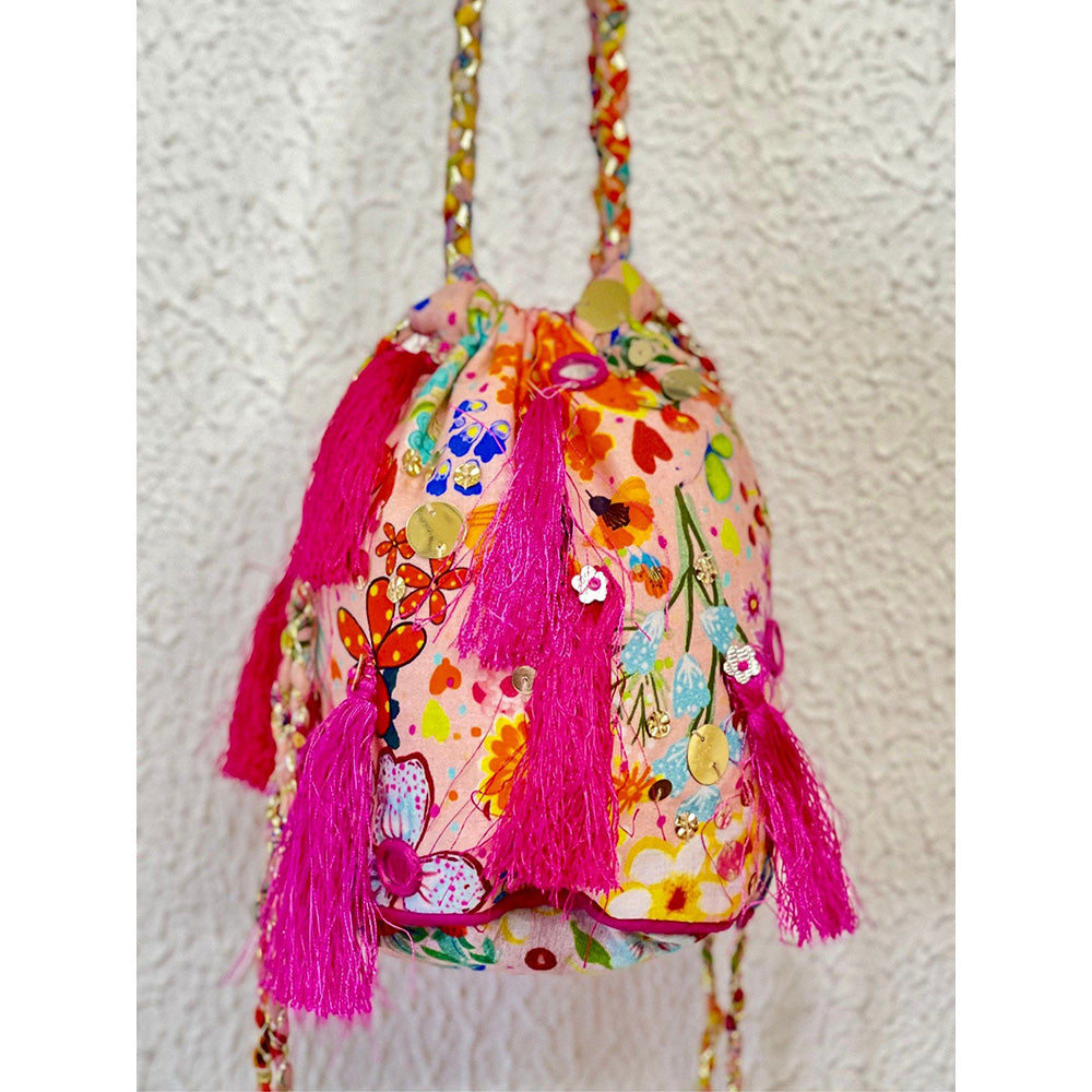 Blushing Couture by Shafali Pink Fringes Potli Bag