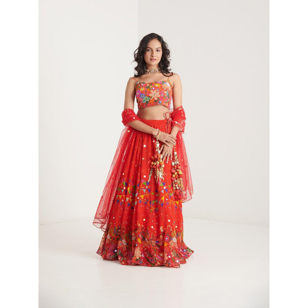 Blushing Couture by Shafali Orange Printed Lehenga with Blouse and Dupatta (Set of 3)