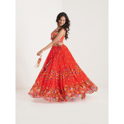 Blushing Couture by Shafali Orange Printed Lehenga with Blouse and Dupatta (Set of 3)