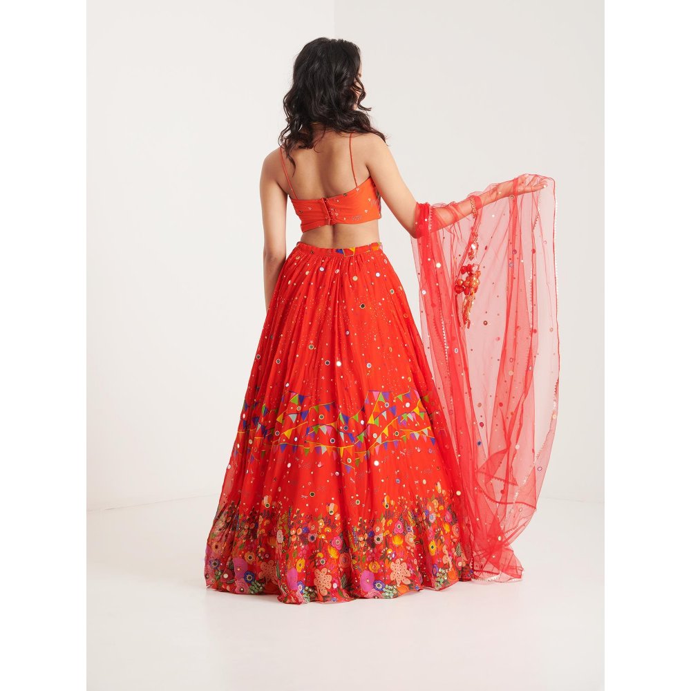 Blushing Couture by Shafali Orange Printed Lehenga with Blouse and Dupatta (Set of 3)