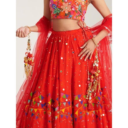 Blushing Couture by Shafali Orange Printed Lehenga with Blouse and Dupatta (Set of 3)