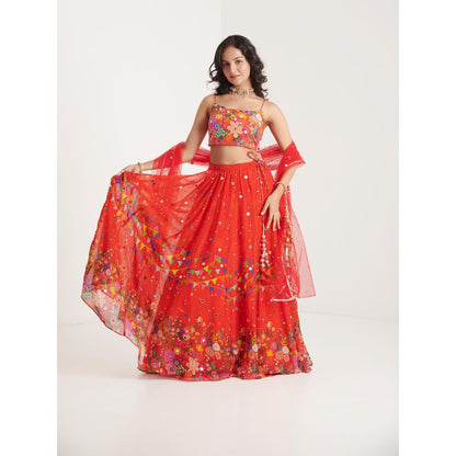 Blushing Couture by Shafali Orange Printed Lehenga with Blouse and Dupatta (Set of 3)