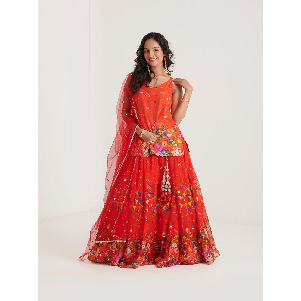Blushing Couture by Shafali Orange Printed Lehenga with Kurti and Dupatta (Set of 3)