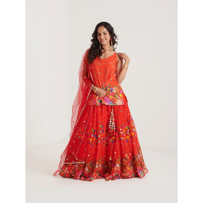 Blushing Couture by Shafali Orange Printed Lehenga with Kurti and Dupatta (Set of 3)