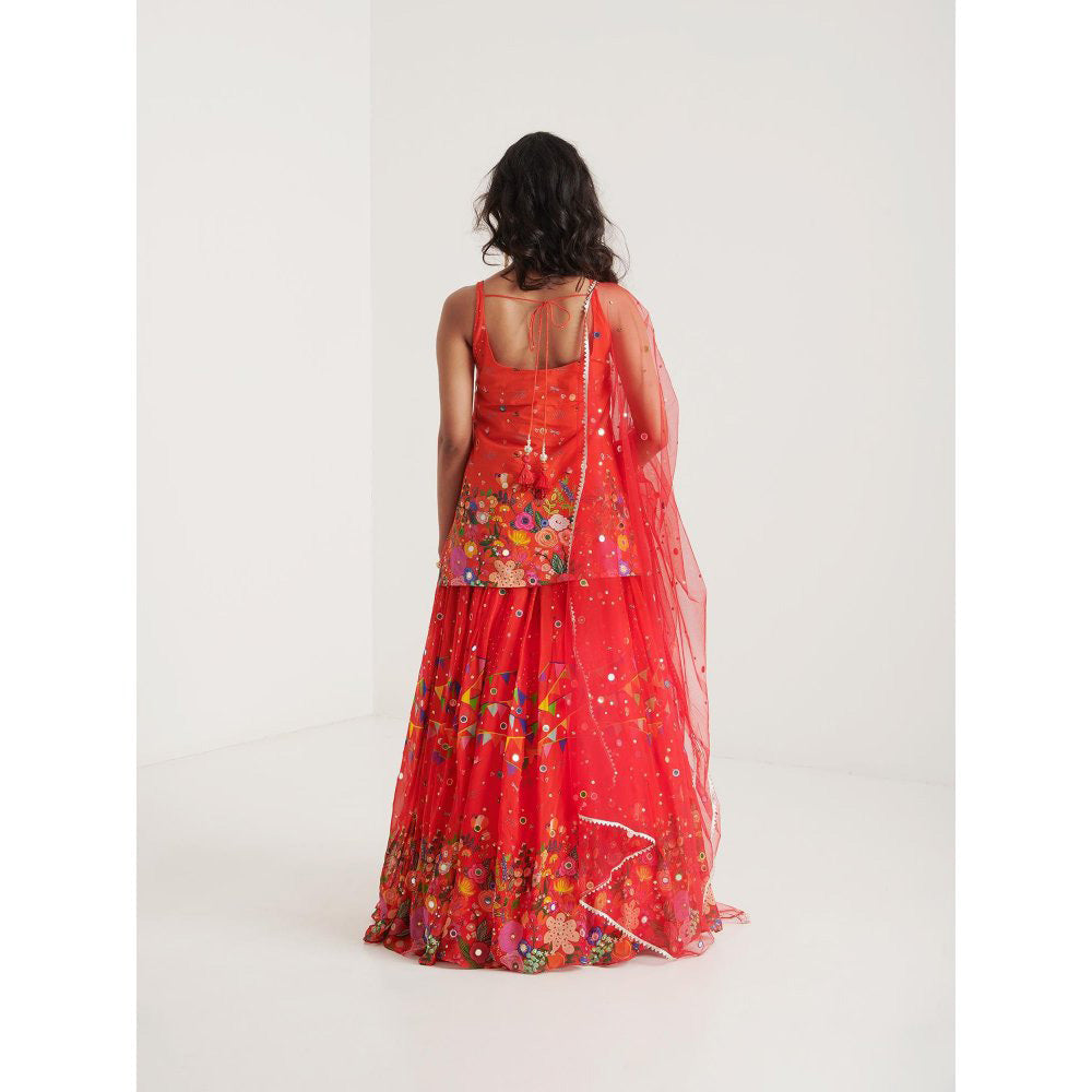 Blushing Couture by Shafali Orange Printed Lehenga with Kurti and Dupatta (Set of 3)