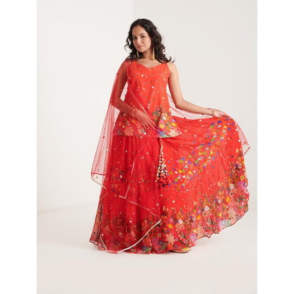 Blushing Couture by Shafali Orange Printed Lehenga with Kurti and Dupatta (Set of 3)