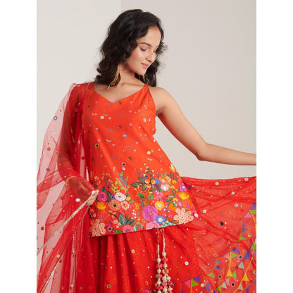 Blushing Couture by Shafali Orange Printed Lehenga with Kurti and Dupatta (Set of 3)