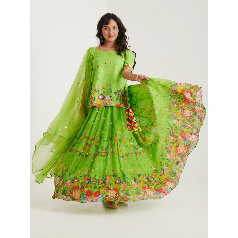 Blushing Couture by Shafali Green Organza Printed Lehenga with Kurti and Dupatta (Set of 3)