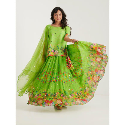 Blushing Couture by Shafali Green Organza Printed Lehenga with Kurti and Dupatta (Set of 3)