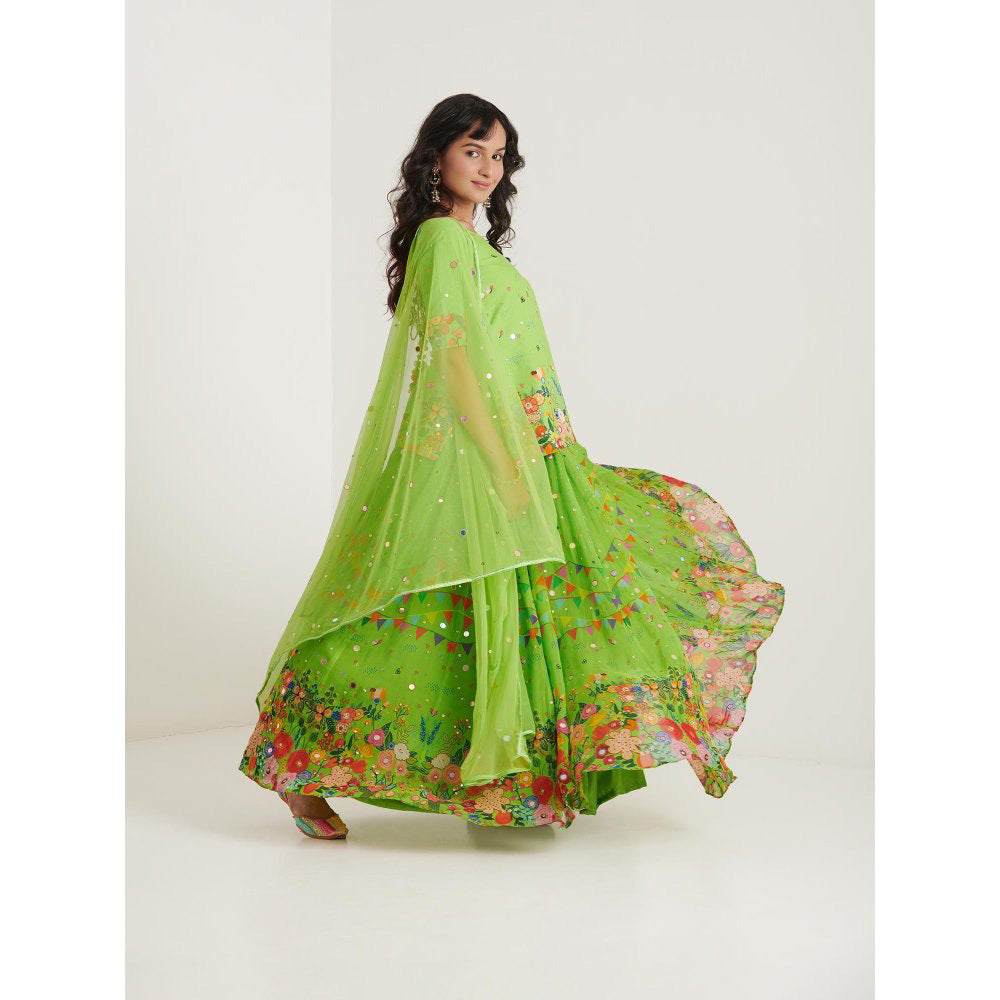 Blushing Couture by Shafali Green Organza Printed Lehenga with Kurti and Dupatta (Set of 3)