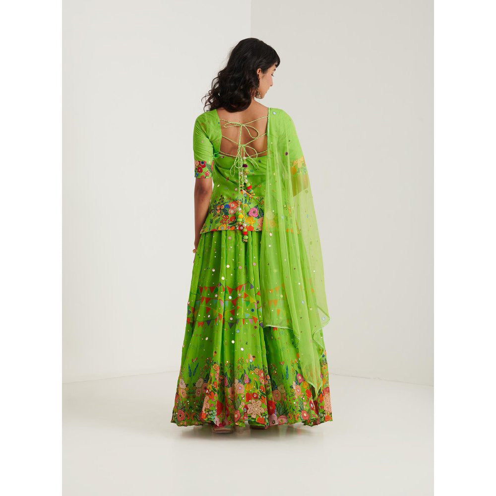 Blushing Couture by Shafali Green Organza Printed Lehenga with Kurti and Dupatta (Set of 3)