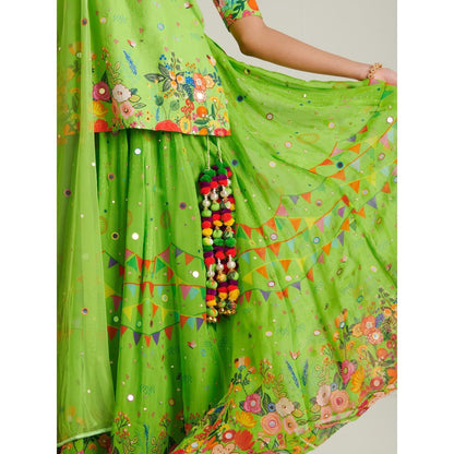 Blushing Couture by Shafali Green Organza Printed Lehenga with Kurti and Dupatta (Set of 3)