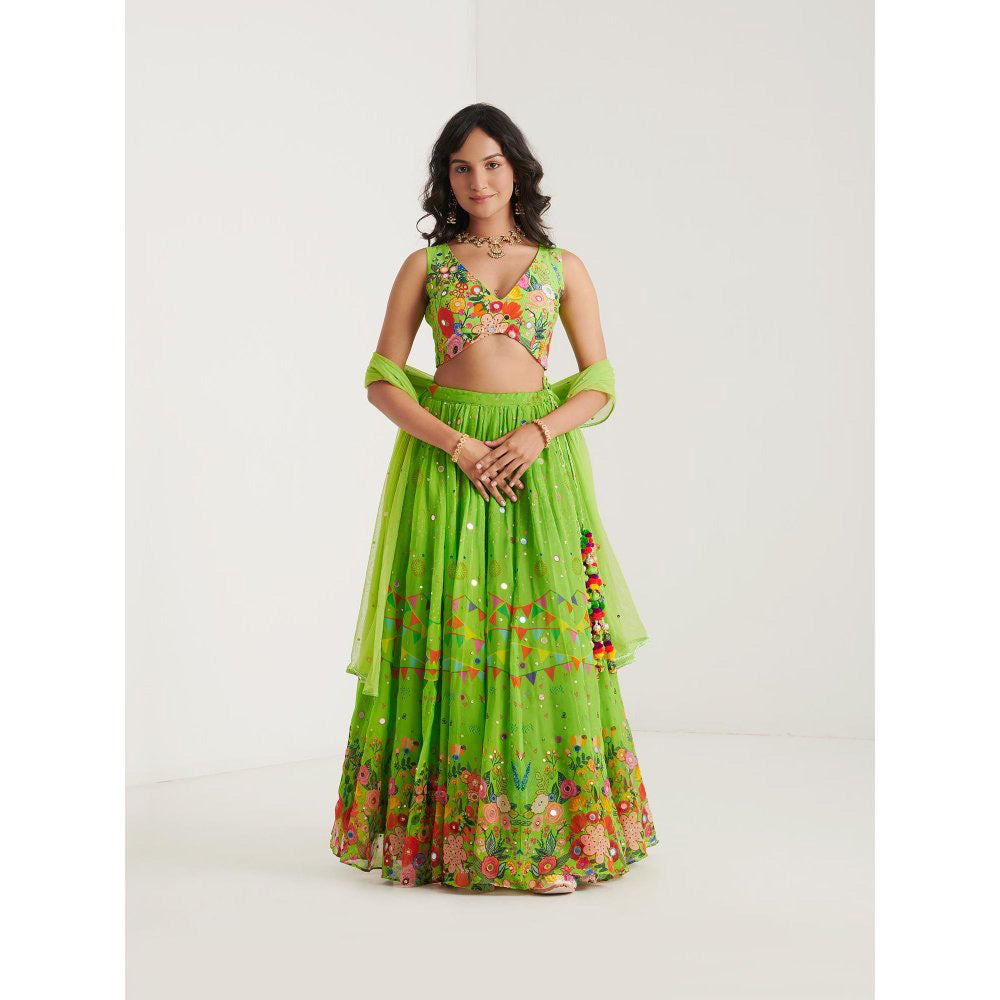 Blushing Couture by Shafali Green Organza Printed Lehenga with Blouse and Dupatta (Set of 3)