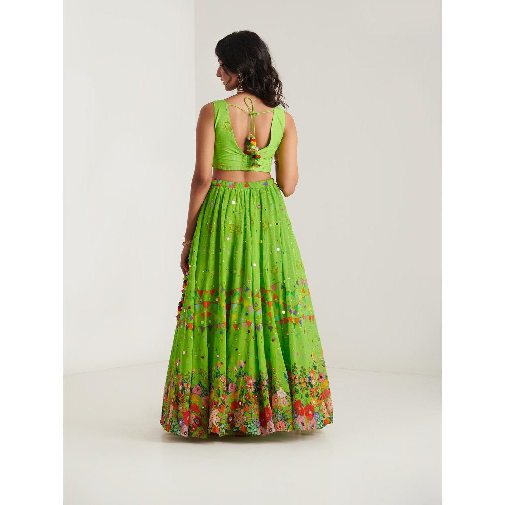 Blushing Couture by Shafali Green Organza Printed Lehenga with Blouse and Dupatta (Set of 3)