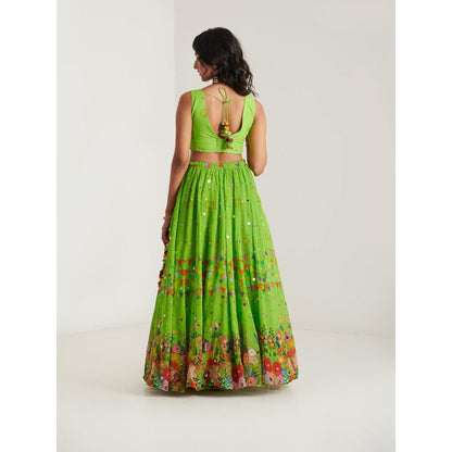 Blushing Couture by Shafali Green Organza Printed Lehenga with Blouse and Dupatta (Set of 3)