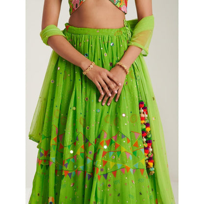 Blushing Couture by Shafali Green Organza Printed Lehenga with Blouse and Dupatta (Set of 3)