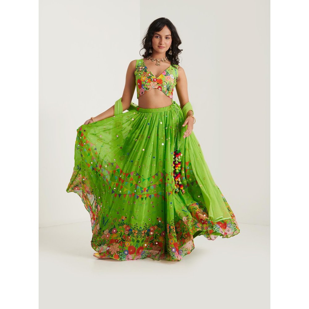 Blushing Couture by Shafali Green Organza Printed Lehenga with Blouse and Dupatta (Set of 3)