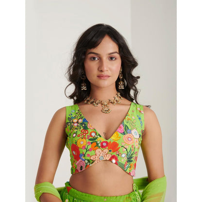 Blushing Couture by Shafali Green Organza Printed Lehenga with Blouse and Dupatta (Set of 3)