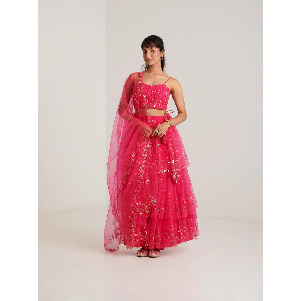 Blushing Couture by Shafali Hot Pink Net Lehenga with Blouse and Dupatta (Set of 3)