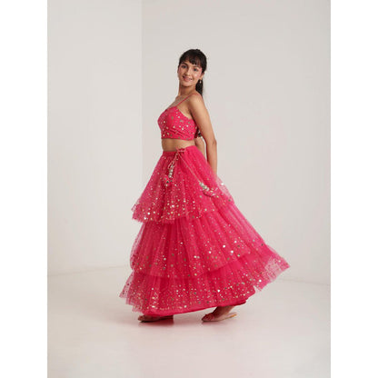 Blushing Couture by Shafali Hot Pink Net Lehenga with Blouse and Dupatta (Set of 3)