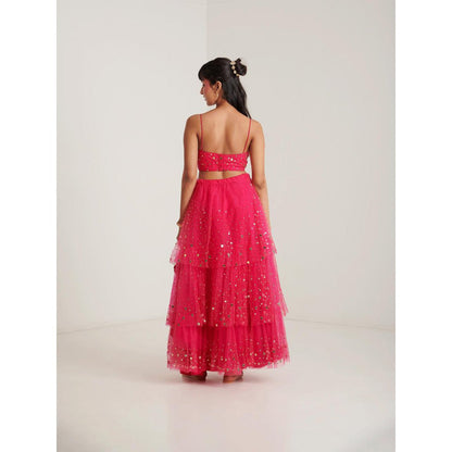 Blushing Couture by Shafali Hot Pink Net Lehenga with Blouse and Dupatta (Set of 3)