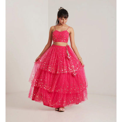 Blushing Couture by Shafali Hot Pink Net Lehenga with Blouse and Dupatta (Set of 3)