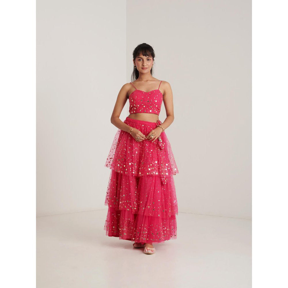 Blushing Couture by Shafali Hot Pink Net Lehenga with Blouse and Dupatta (Set of 3)