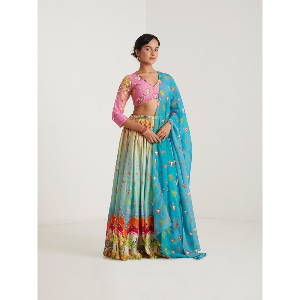 Blushing Couture by Shafali Blue Surya Printed Lehenga with Blouse and Dupatta (Set of 3)