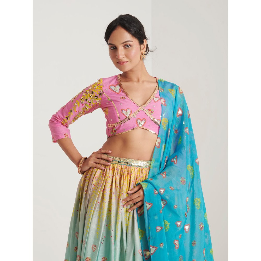 Blushing Couture by Shafali Blue Surya Printed Lehenga with Blouse and Dupatta (Set of 3)