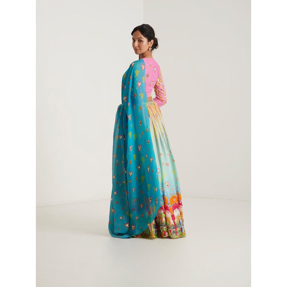 Blushing Couture by Shafali Blue Surya Printed Lehenga with Blouse and Dupatta (Set of 3)