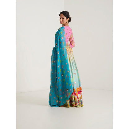 Blushing Couture by Shafali Blue Surya Printed Lehenga with Blouse and Dupatta (Set of 3)