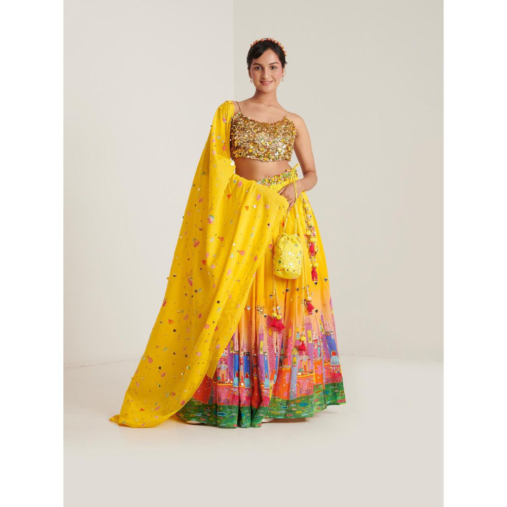 Blushing Couture by Shafali Yellow Cotton Printed Lehenga with Blouse and Dupatta (Set of 3)