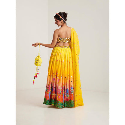 Blushing Couture by Shafali Yellow Cotton Printed Lehenga with Blouse and Dupatta (Set of 3)