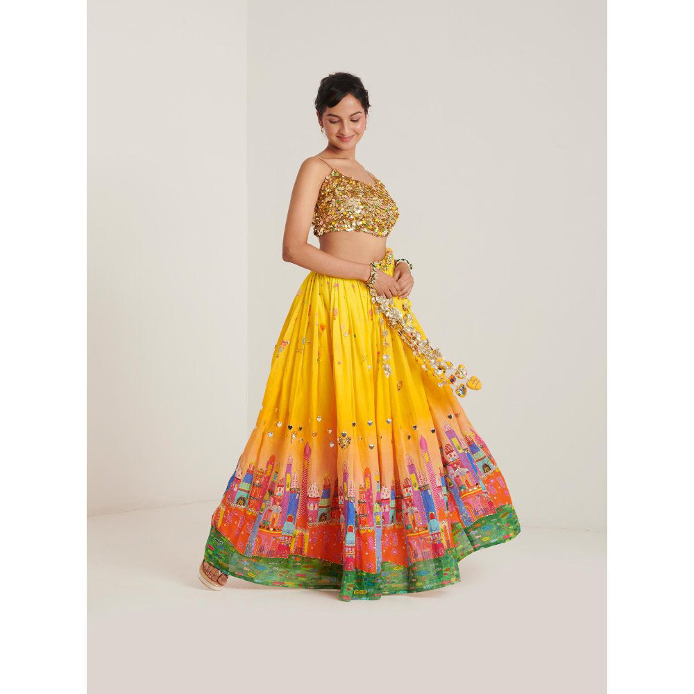 Blushing Couture by Shafali Yellow Cotton Printed Lehenga with Blouse and Dupatta (Set of 3)
