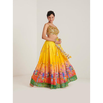 Blushing Couture by Shafali Yellow Cotton Printed Lehenga with Blouse and Dupatta (Set of 3)