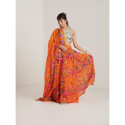 Blushing Couture by Shafali Orange Organza Printed Lehenga with Blouse and Dupatta (Set of 3)