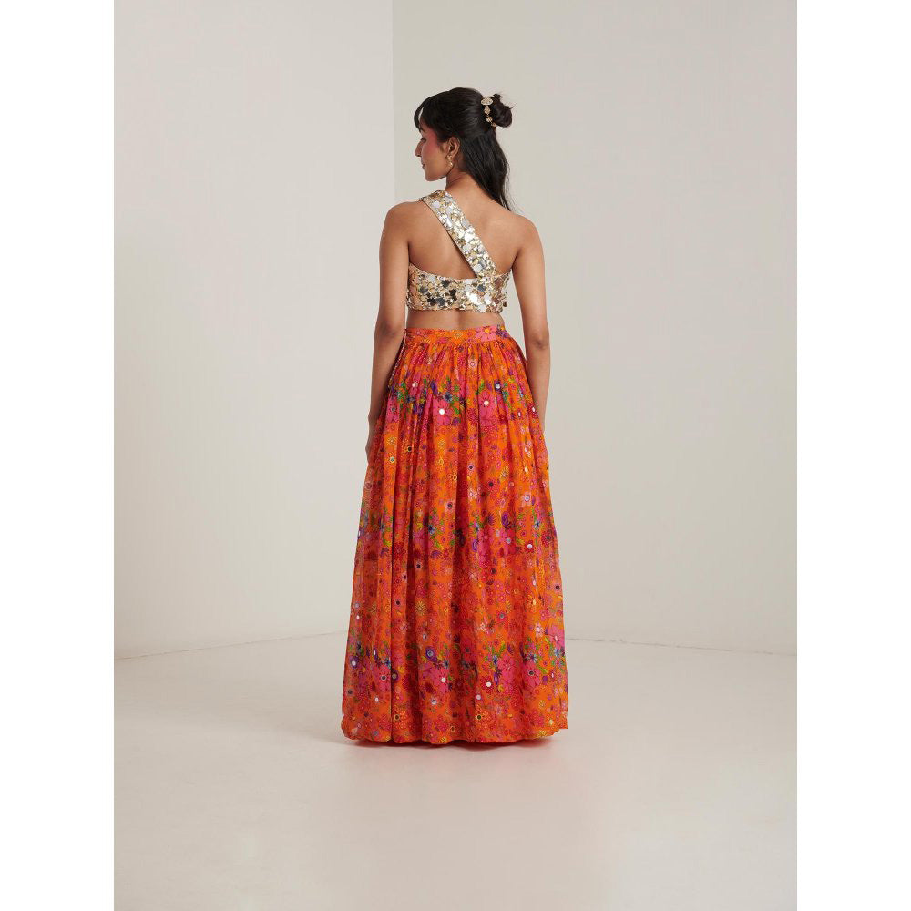Blushing Couture by Shafali Orange Organza Printed Lehenga with Blouse and Dupatta (Set of 3)