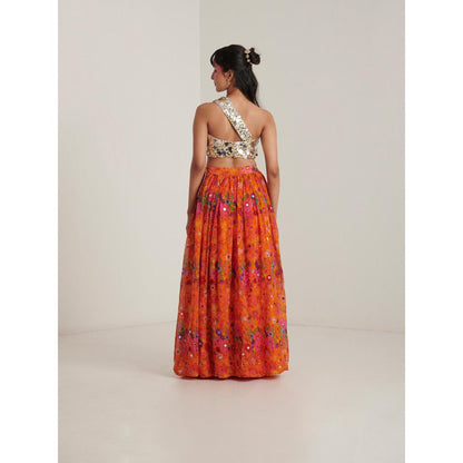 Blushing Couture by Shafali Orange Organza Printed Lehenga with Blouse and Dupatta (Set of 3)