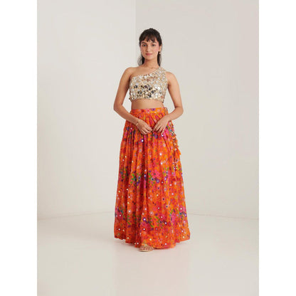Blushing Couture by Shafali Orange Organza Printed Lehenga with Blouse and Dupatta (Set of 3)