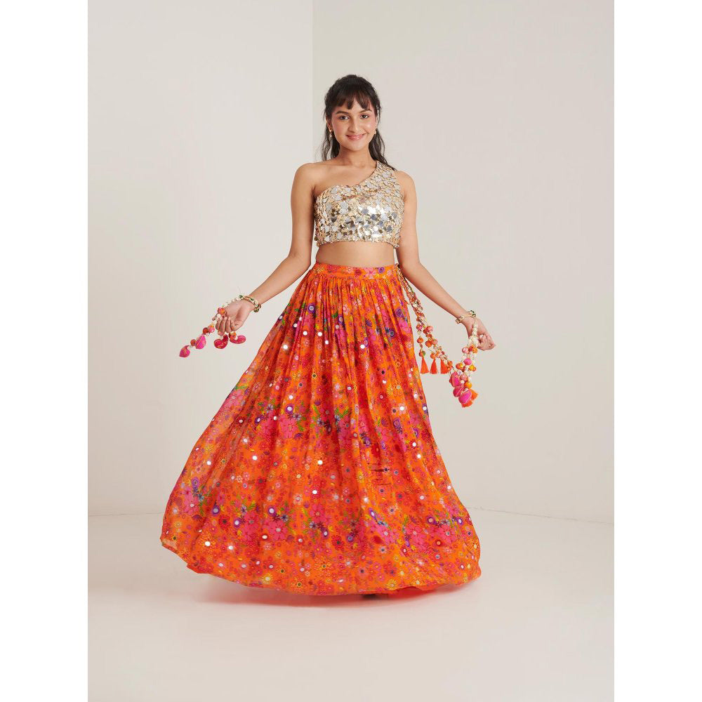 Blushing Couture by Shafali Orange Organza Printed Lehenga with Blouse and Dupatta (Set of 3)