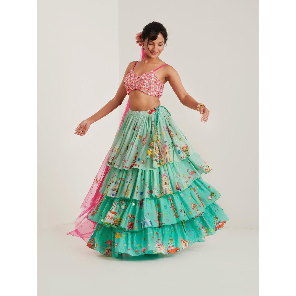 Blushing Couture by Shafali Turquoise Printed Lehenga with Blouse and Dupatta (Set of 3)