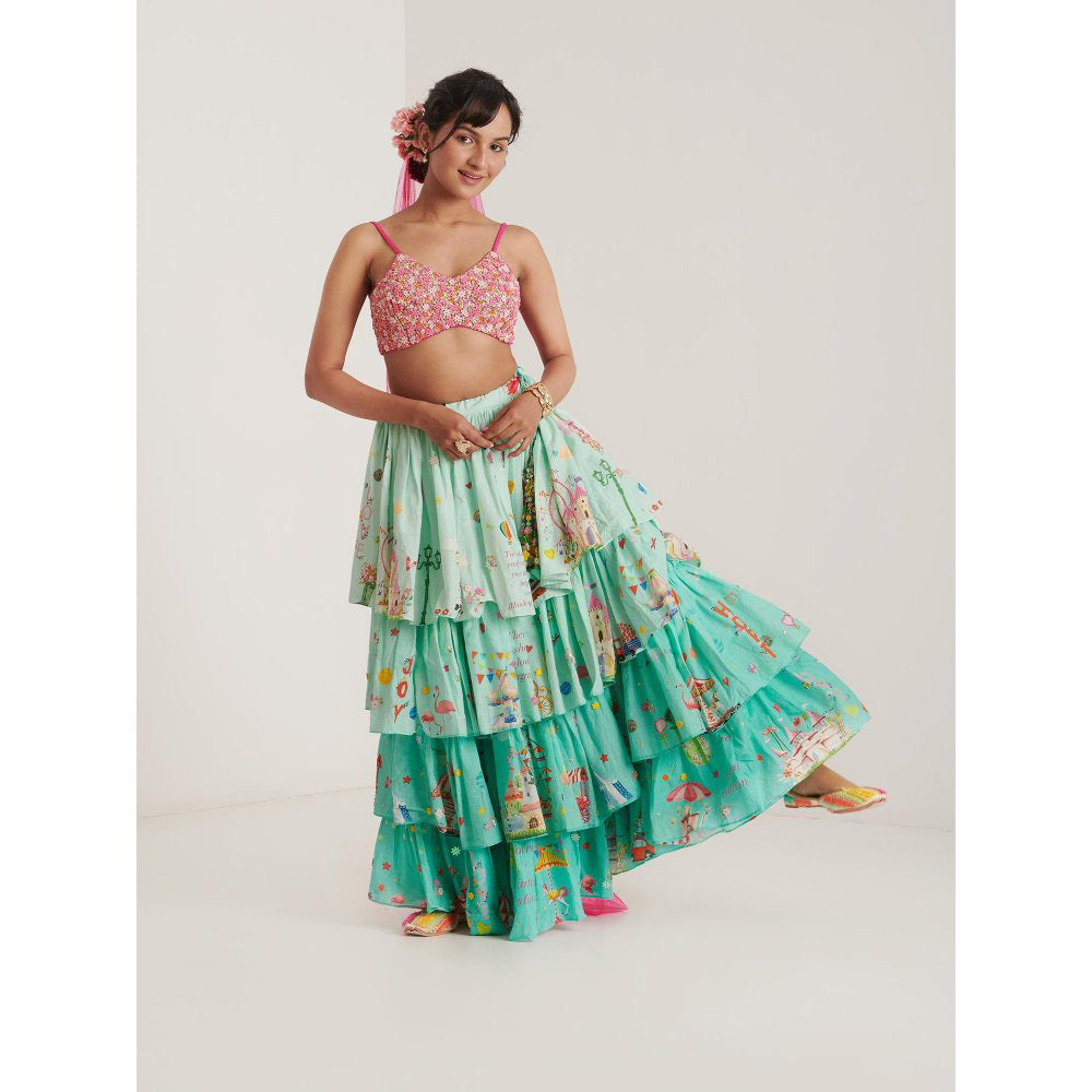 Blushing Couture by Shafali Turquoise Printed Lehenga with Blouse and Dupatta (Set of 3)