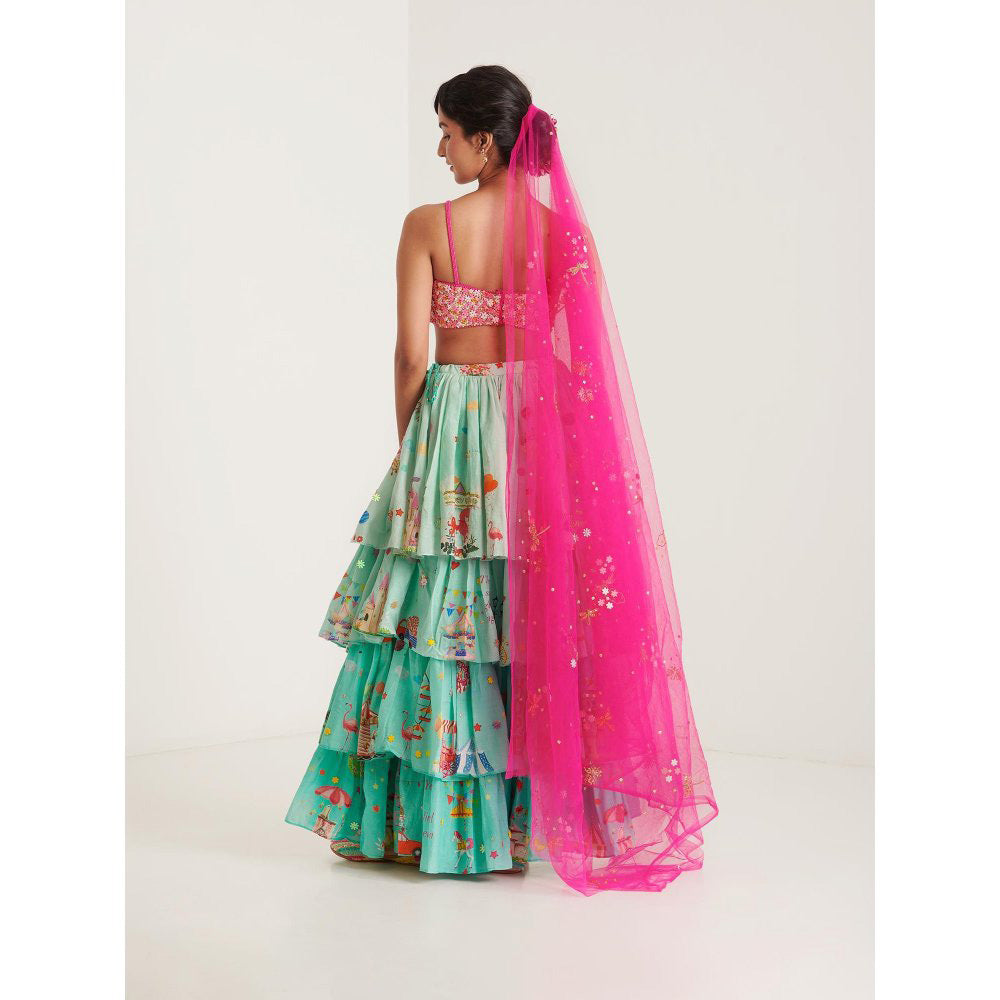 Blushing Couture by Shafali Turquoise Printed Lehenga with Blouse and Dupatta (Set of 3)