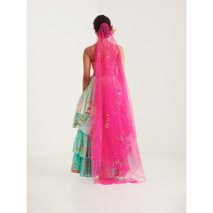 Blushing Couture by Shafali Turquoise Printed Lehenga with Blouse and Dupatta (Set of 3)