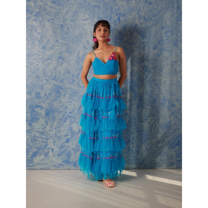 Blushing Couture by Shafali Blue Embellished Net Skirt with Bustier (Set of 2)