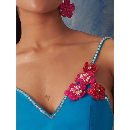 Blushing Couture by Shafali Blue Embellished Net Skirt with Bustier (Set of 2)